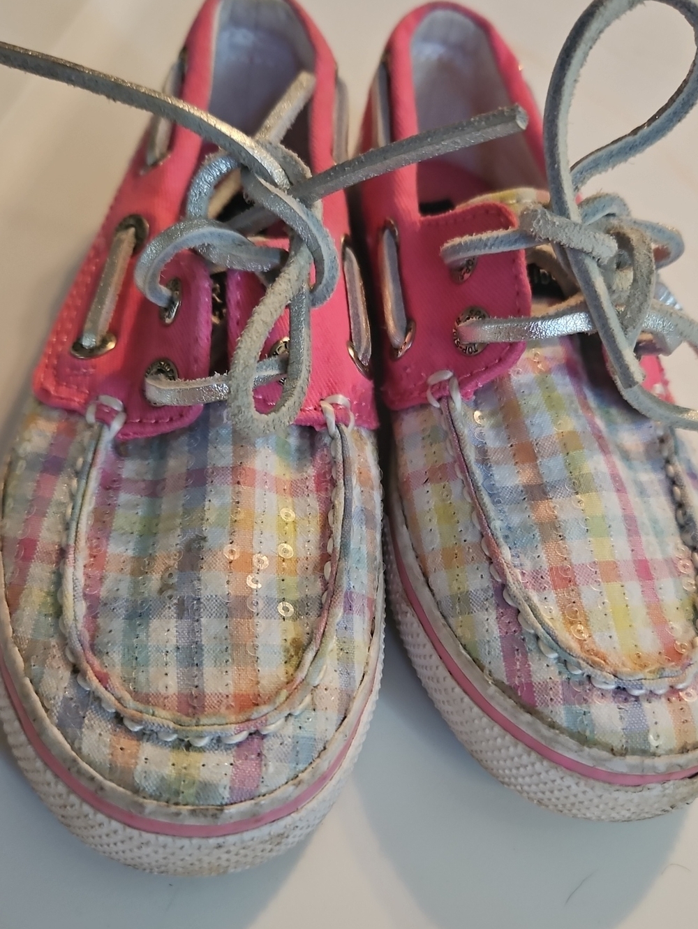 Sperry Girls Plaid Sequin Boat Shoes with Pink Trim